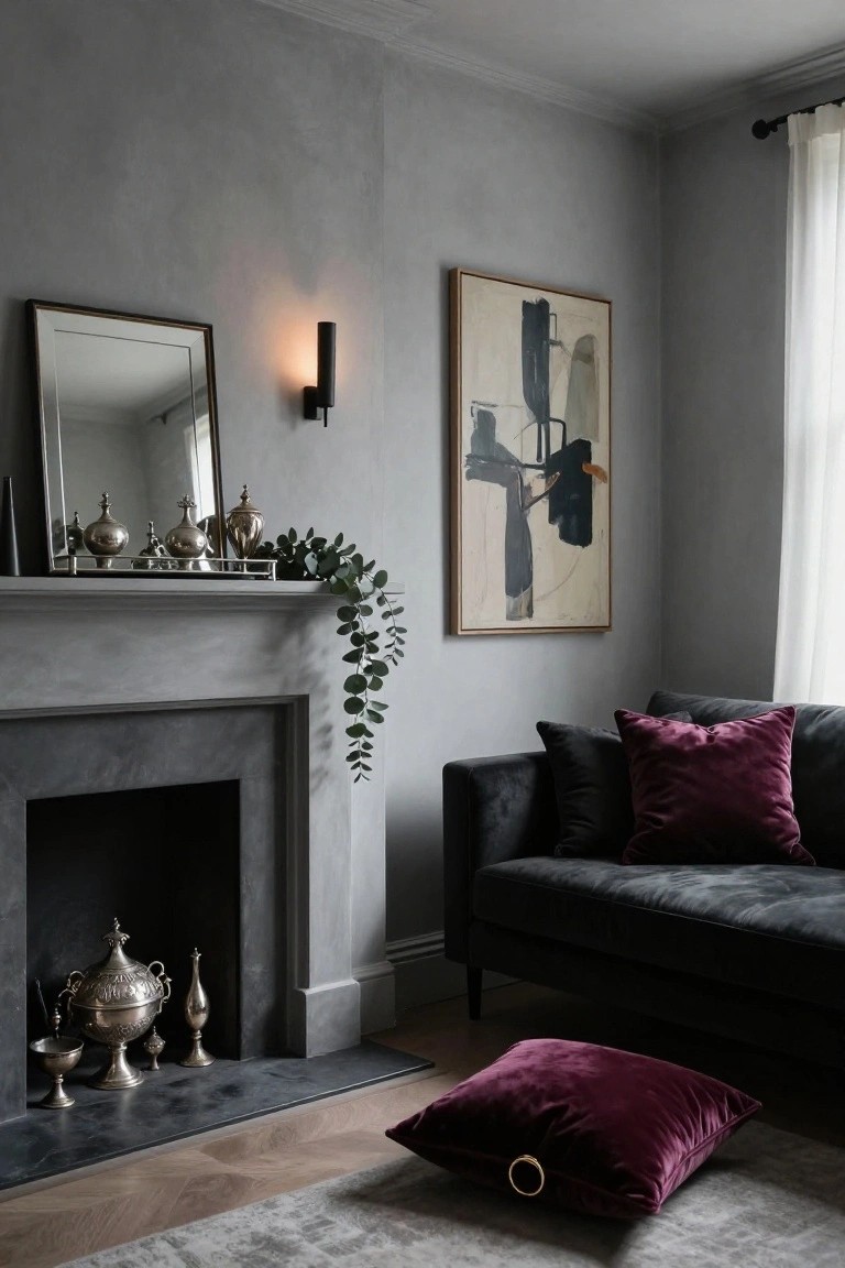 Gray living room with stone fireplace mantel holding brass pots, vases, and eucalyptus greenery, flanked by a mirror and abstract painting, black velvet sofa nearby.