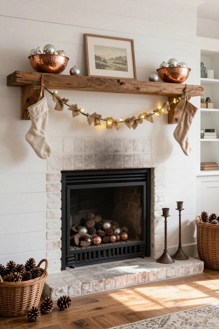 White brick fireplace with wooden mantel decorated for Christmas using two hammered copper bowls filled with silver ornaments and cotton bolls, flanked by white stockings on burlap garland with fairy lights, pinecones in the firebox, and basket of pinecones nearby.