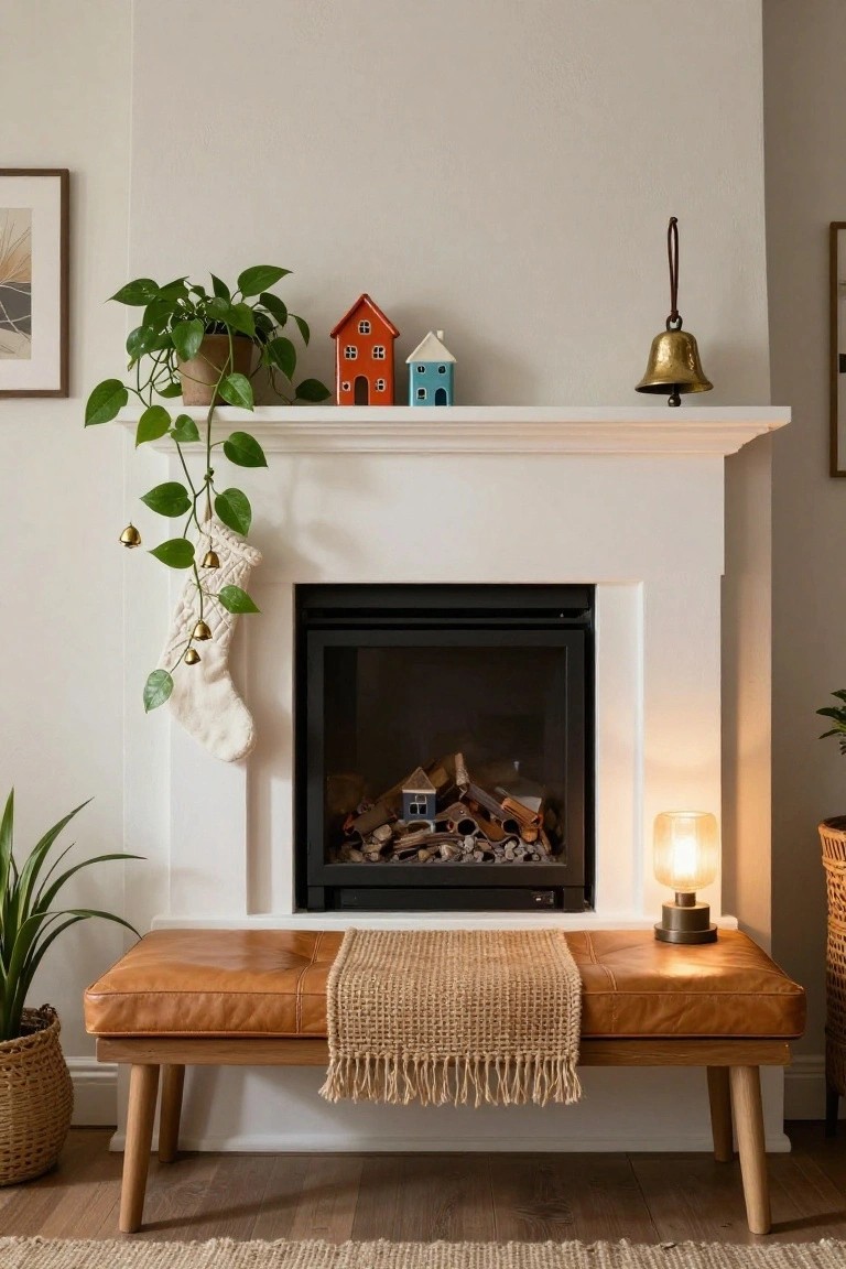 White fireplace mantel with small red and blue houses, potted trailing plant with gold bells, white knit stocking with gold bells hanging from edge, brass bell, lit gas fire, tan leather bench with woven runner in front, plants and lamp nearby on wood floor
