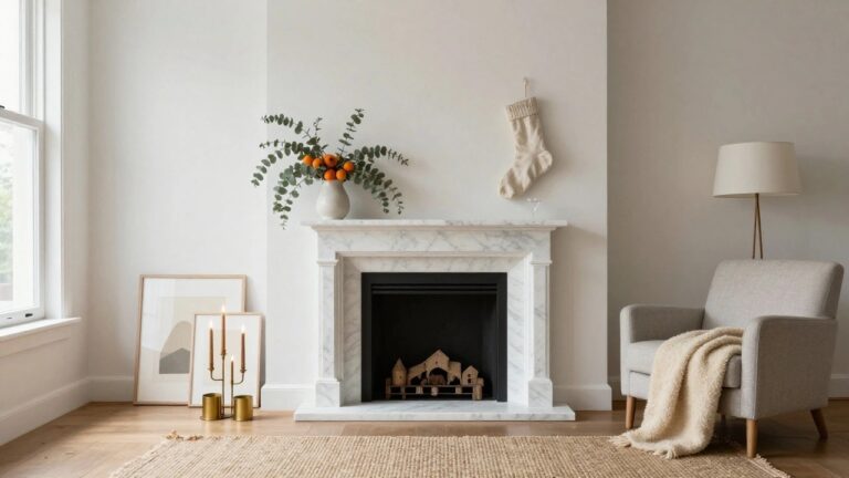 20 Metallic Accents Christmas Mantle Ideas That Add Chic Shine White marble fireplace mantel decorated with eucalyptus garland, oranges, framed artwork of a white stocking, and pairs of brass candlesticks holding white taper candles, in a bright living room with beige sofa and wood floors.
