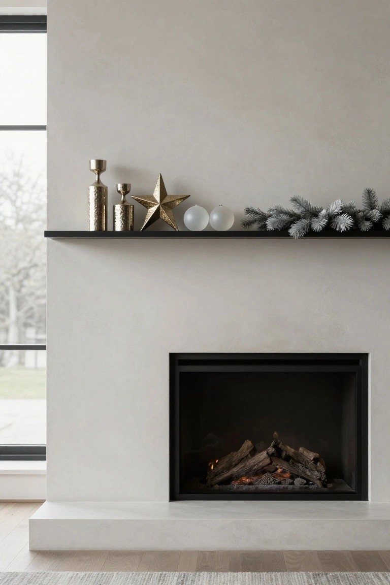 White stucco fireplace with gas logs burning, black shelf on mantel holding gold candlesticks, textured vase, pyramid, gold star, two glass orbs, and frosted spruce branches, large window beside showing winter trees and lawn.