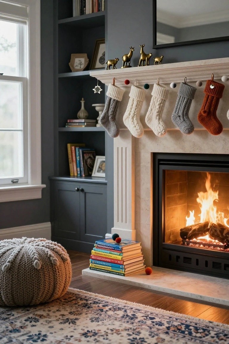 Living room fireplace mantel decorated for Christmas with knit stockings in various colors hanging from garland, gold deer figurines on the shelf, stacked books on the hearth, and built-in gray bookshelves nearby.