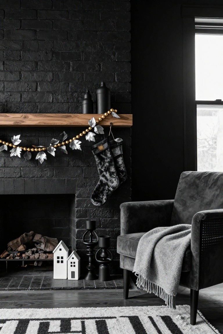 Black brick fireplace mantel with wooden beam topped by gold beaded garland of silver leaves, black velvet stockings hanging from one end, small white house models and black candles on hearth, gray velvet chair with throw nearby on striped rug.