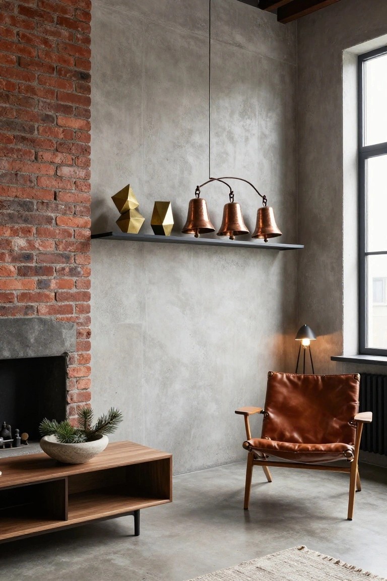 Corner of a room with exposed brick fireplace, black shelf holding gold geometric sculptures and three hanging copper bells, wooden side table with potted pine branches, brown leather chair, and concrete floors.