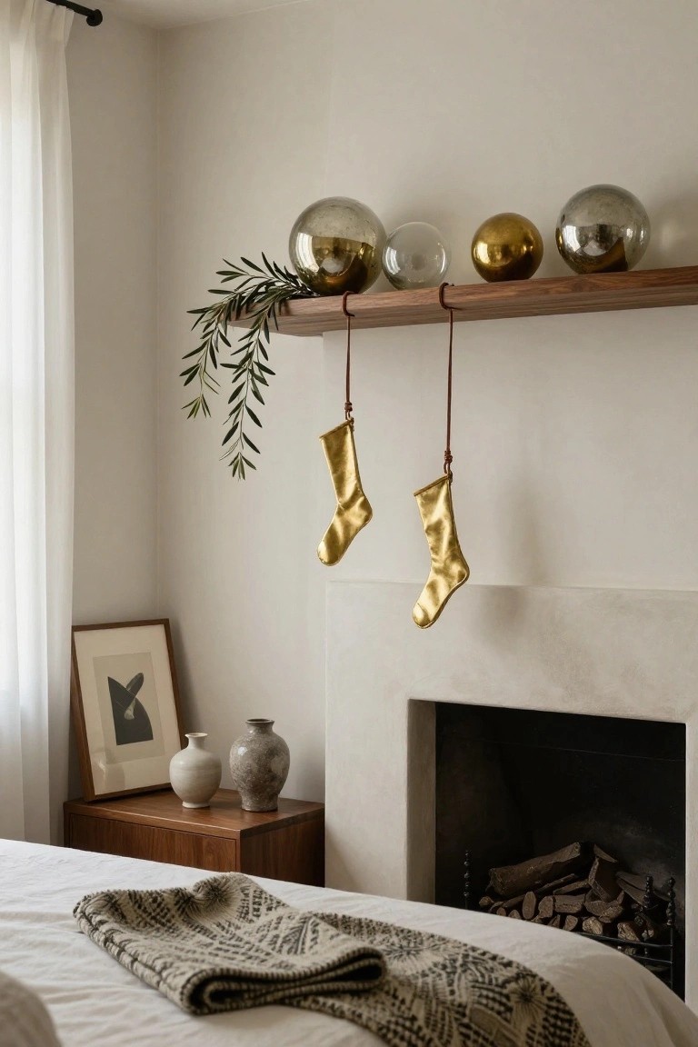 A bedroom fireplace mantel with a wooden floating shelf holding metallic glass orbs and olive branches, two gold metallic Christmas stockings hanging from leather cords, nightstands with ceramic vases and a framed artwork, and a bed with a textured throw in front.