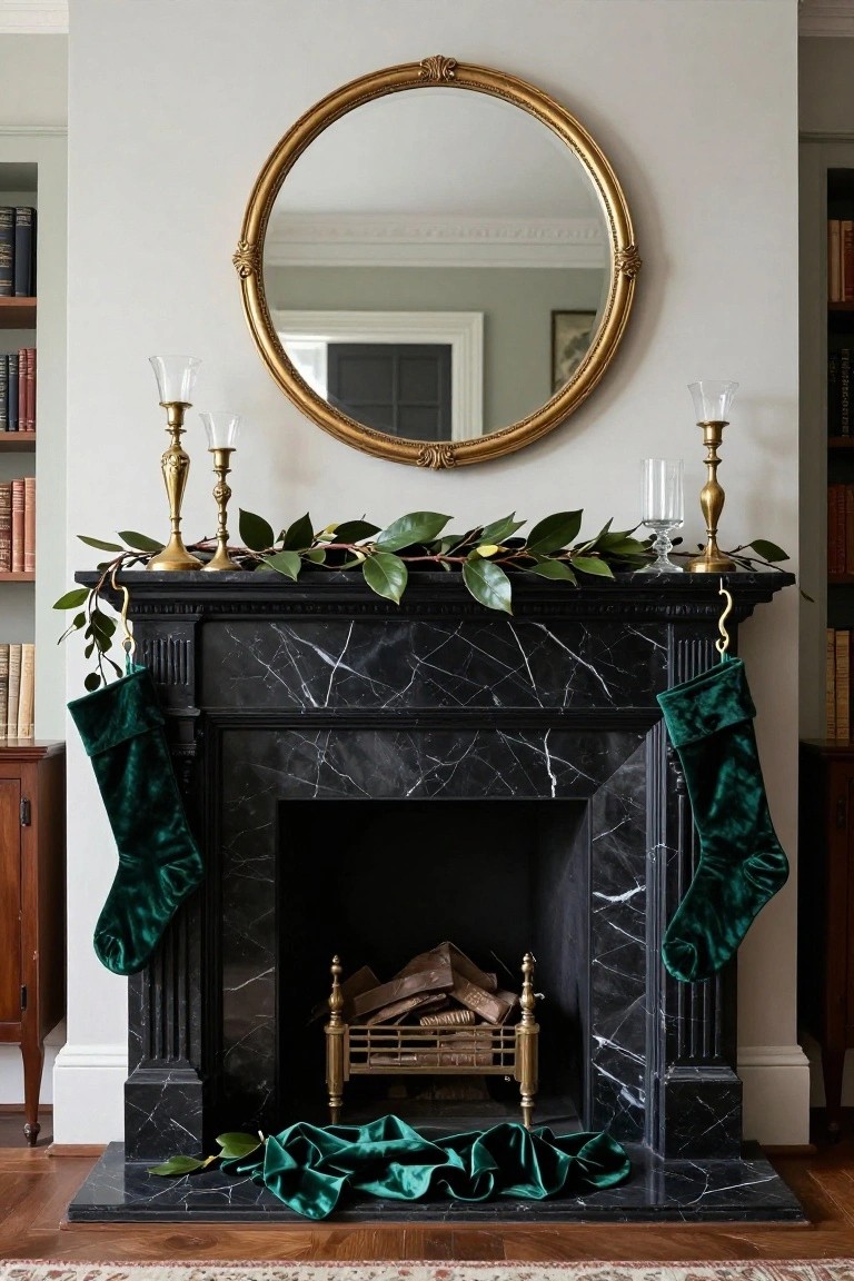 Black marble fireplace mantel decorated for Christmas with oversized gold-framed round mirror above, gold candlesticks with clear glass candleholders, magnolia leaf garland, and two green velvet stockings hanging on hooks on either side.