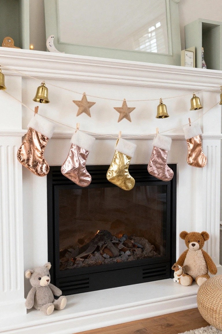 White fireplace mantel with five metallic Christmas stockings in rose gold, pink metallic, and gold hanging from a garland of golden bells and wooden stars, gas fire burning inside, two teddy bears on the hearth, and a woven basket nearby.