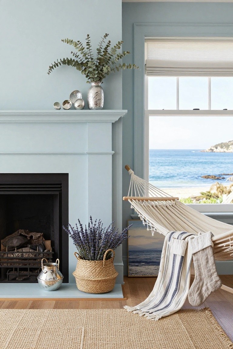 Pale blue interior room with fireplace mantel holding small silver bowls, textured silver vase with eucalyptus branches, lavender bouquet in basket nearby, and large window overlooking ocean beach with hammock outside.