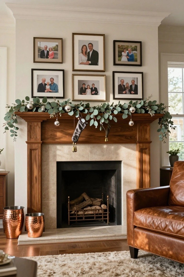 Wooden fireplace mantel decorated with eucalyptus garland draped across the top, silver Christmas ornaments hanging from it, a gray stocking with brass bells, multiple family photos in gold frames on the wall above, copper hammered buckets on the hearth, leather armchair to the side, and beige rug on hardwood floor.