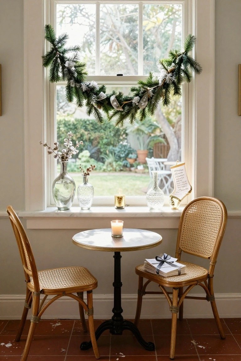 Windowsill with evergreen garland decorated with silver snow flecks and metallic elements, glass vases, candles, and a gold holder, next to a small marble-topped table with rattan chairs in a room overlooking a garden.