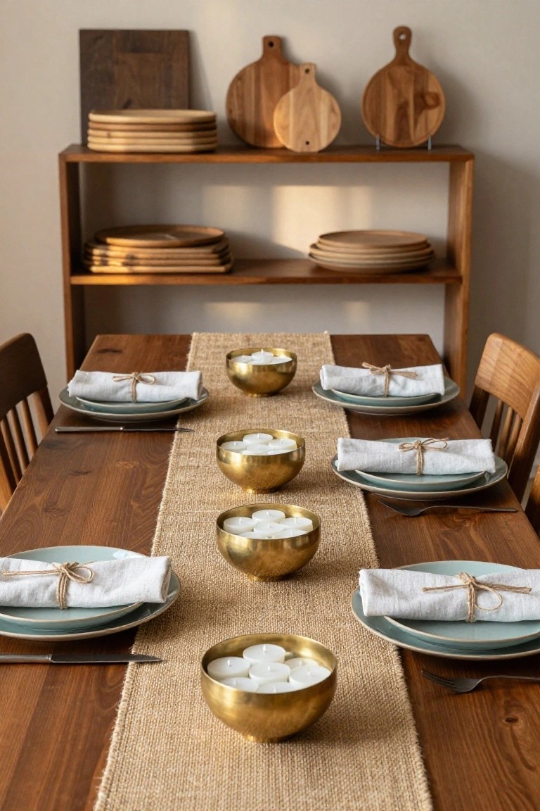 Wooden dining table with beige jute runner centered down the middle, lined with small brass bowls holding white tealight candles, set with teal plates, white napkins tied with twine, forks and knives, wooden chairs, and wooden cutting boards on shelves in background.