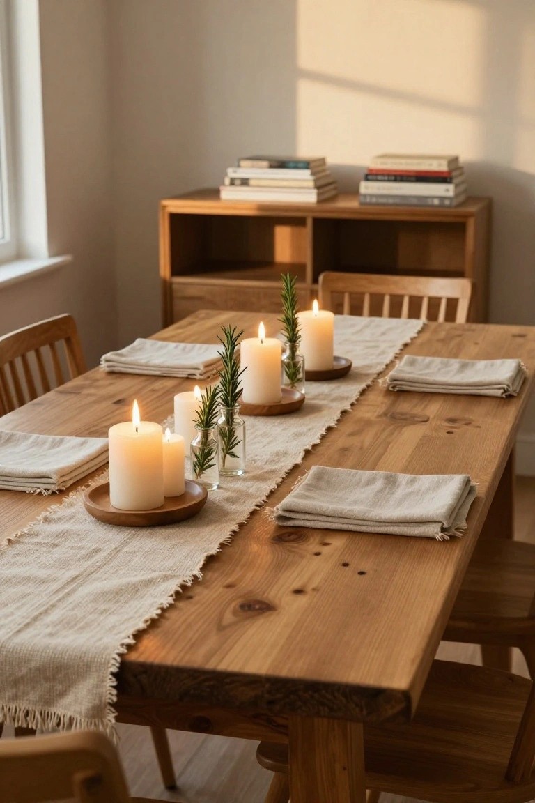 Wooden dining table with beige fringed runner, white pillar candles, rosemary sprigs in glass vases on wooden saucers, folded linen napkins, and wooden chairs in a beige room with bookshelves.