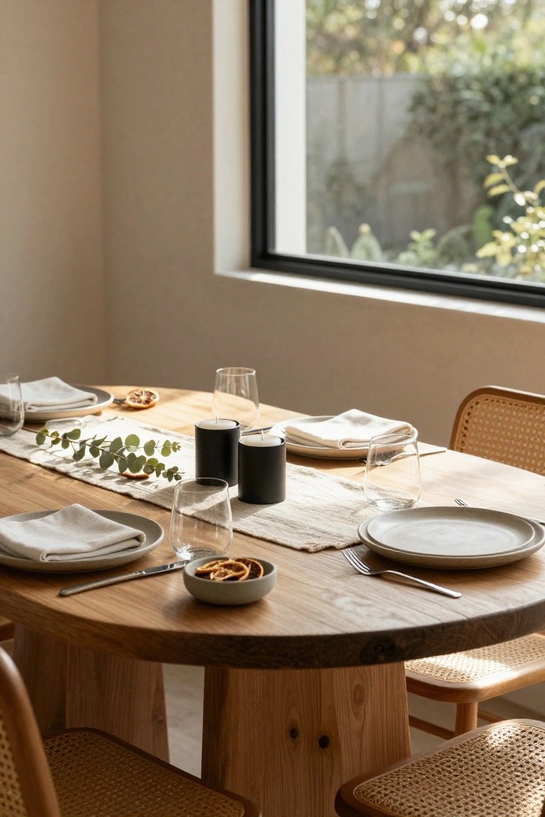 Oval wooden dining table set with white plates, linen napkins, glasses, black cylinder candles, eucalyptus runner, dried orange slices in ceramic bowls, and rattan chairs in a bright room with large window.