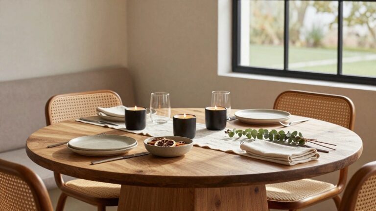 Oval wooden dining table set with white plates, linen napkins, glasses, black cylinder candles, eucalyptus runner, dried orange slices in ceramic bowls, and rattan chairs in a bright room with large window.