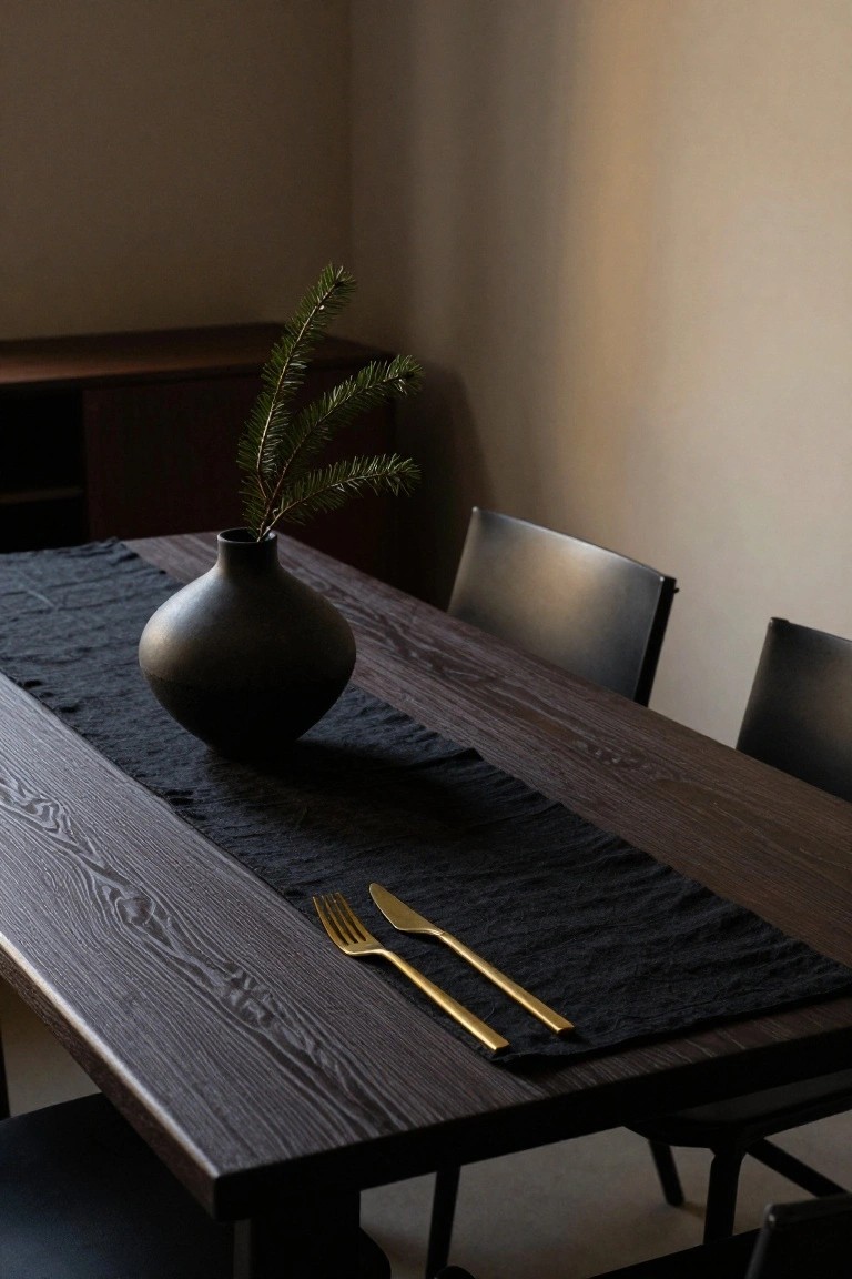 Dark wooden dining table with black linen runner, gold fork and knife placed on it, black bulbous vase holding a single fir branch, and black chairs around the table in a beige room.