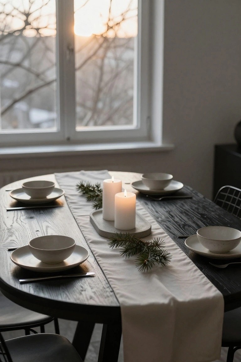 Dark wood round dining table set with white ceramic bowls on plates, a runner of fir branches down the center, several white candles, utensils, and a large window showing bare winter trees at sunset.