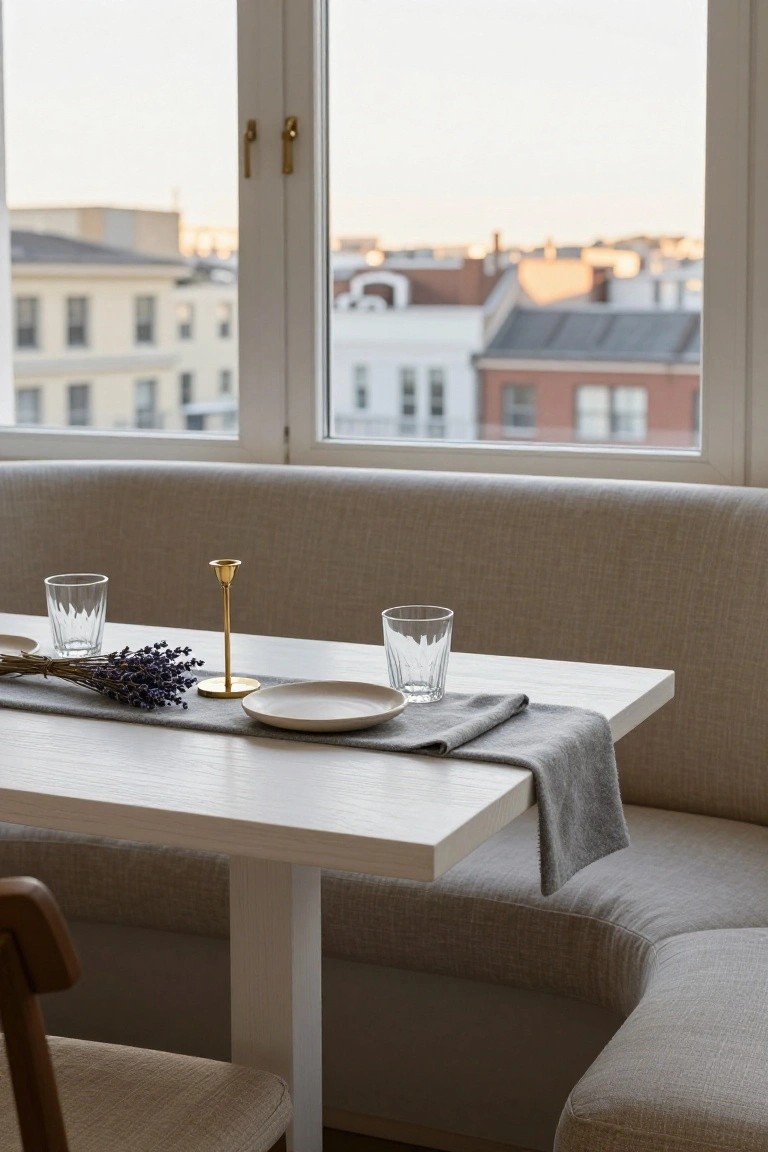 A close-up view of a minimalist white dining table in a beige bench nook by large windows overlooking city buildings at dusk, set with a bundle of lavender stems, gold candle holder, small white plate, gray linen runner, and two faceted glass tumblers.