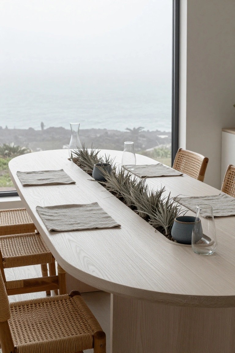 Oval white wooden dining table with a long linear arrangement of grasses in a shallow trough down the center, flanked by beige linen placemats, blue glasses and mugs, and rattan chairs, next to large windows showing an ocean view.