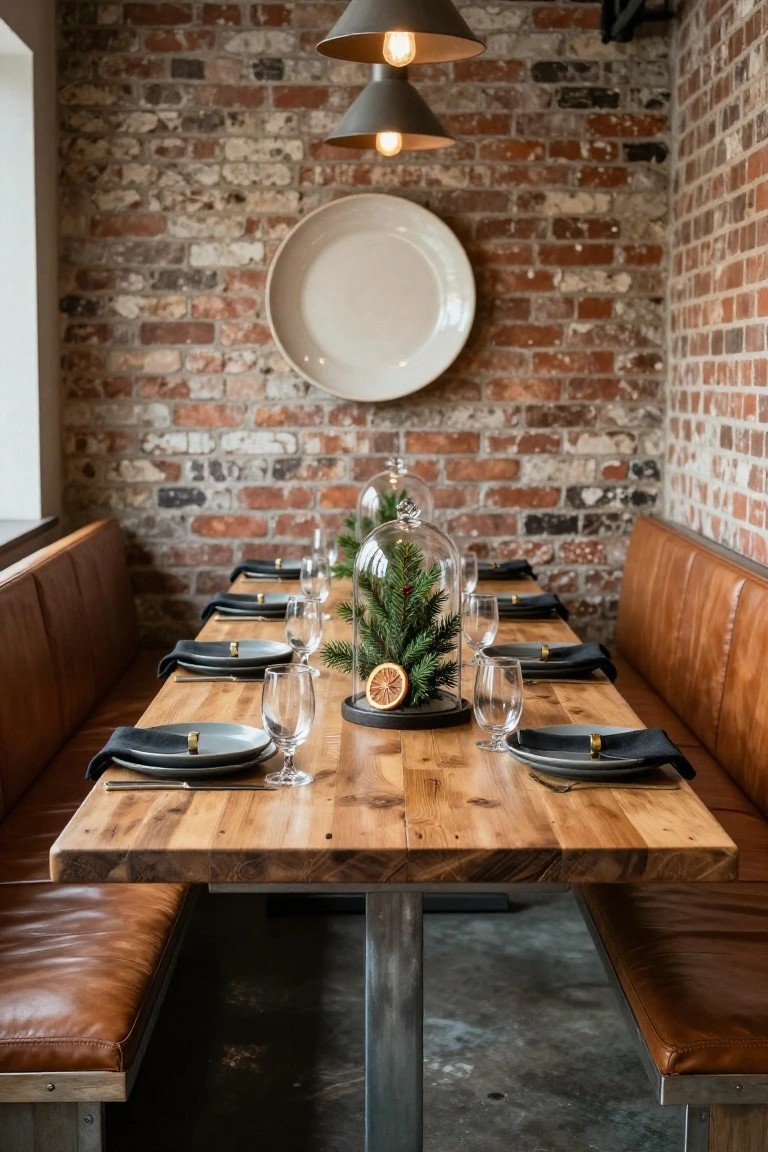 Dining booth with exposed brick walls, brown leather bench seating, reclaimed wood table set with neutral plates, black napkins, wine glasses, and a central glass dome over a small Christmas tree with an orange slice on a black base.