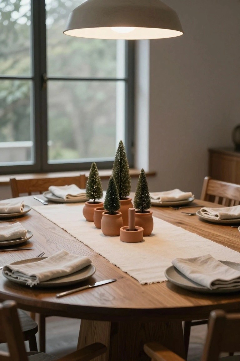 Wooden dining table set with neutral linen napkins, plates, and silverware, centered by a row of small potted Christmas trees in terracotta pots on a white runner, with chairs around and a pendant light overhead.