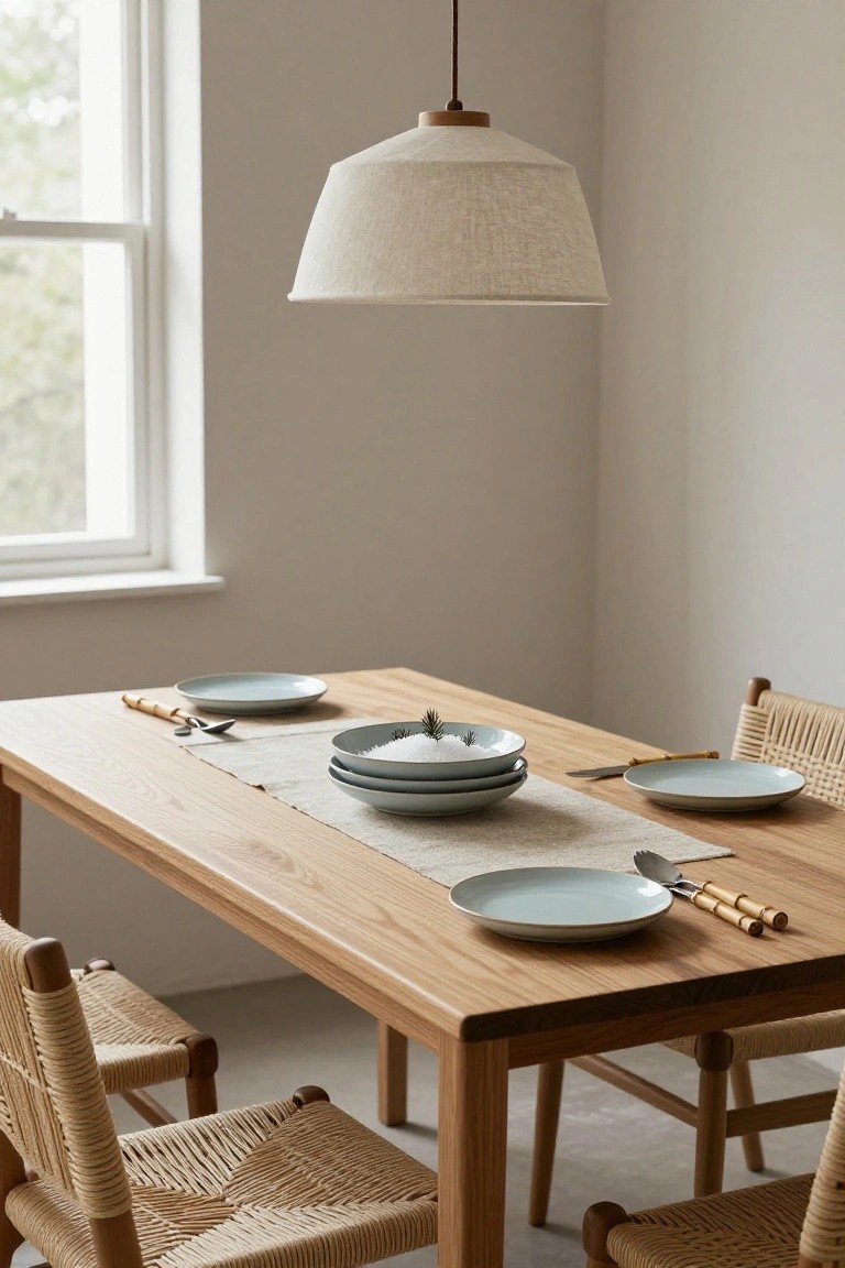 Wooden dining table with rattan chairs, stacked light blue plates topped with a pine sprig and sugar, bamboo utensils, linen runner, and pendant lamp in a light room with window.