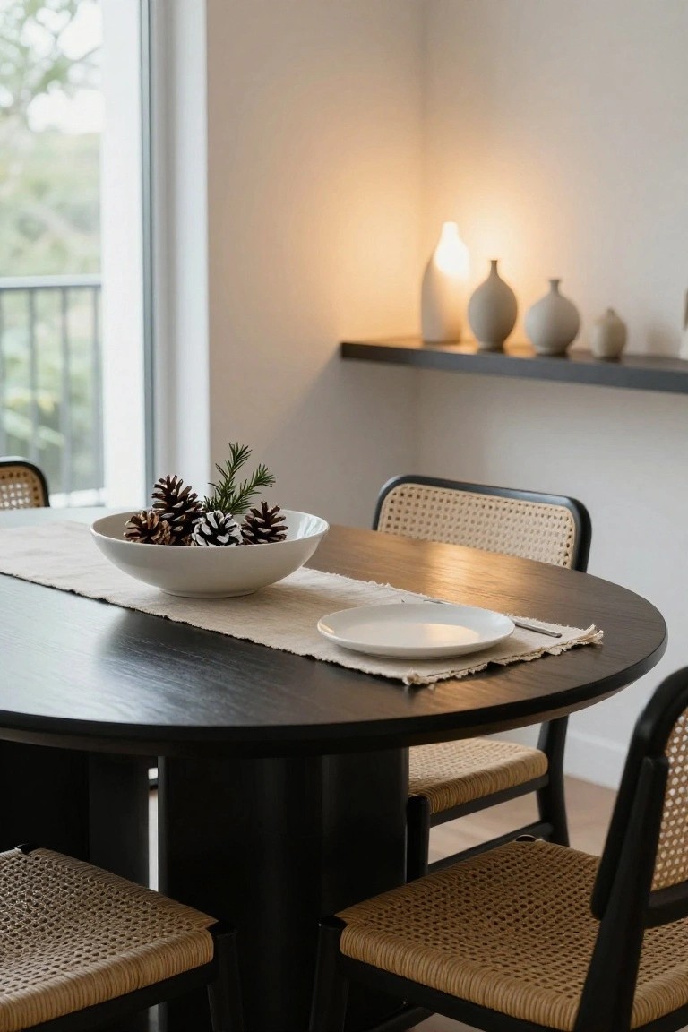 Round black wooden dining table with rattan chairs, white bowl of pinecones and rosemary sprigs on beige linen runner, single white plate nearby, window and shelves with ceramic vases in background.
