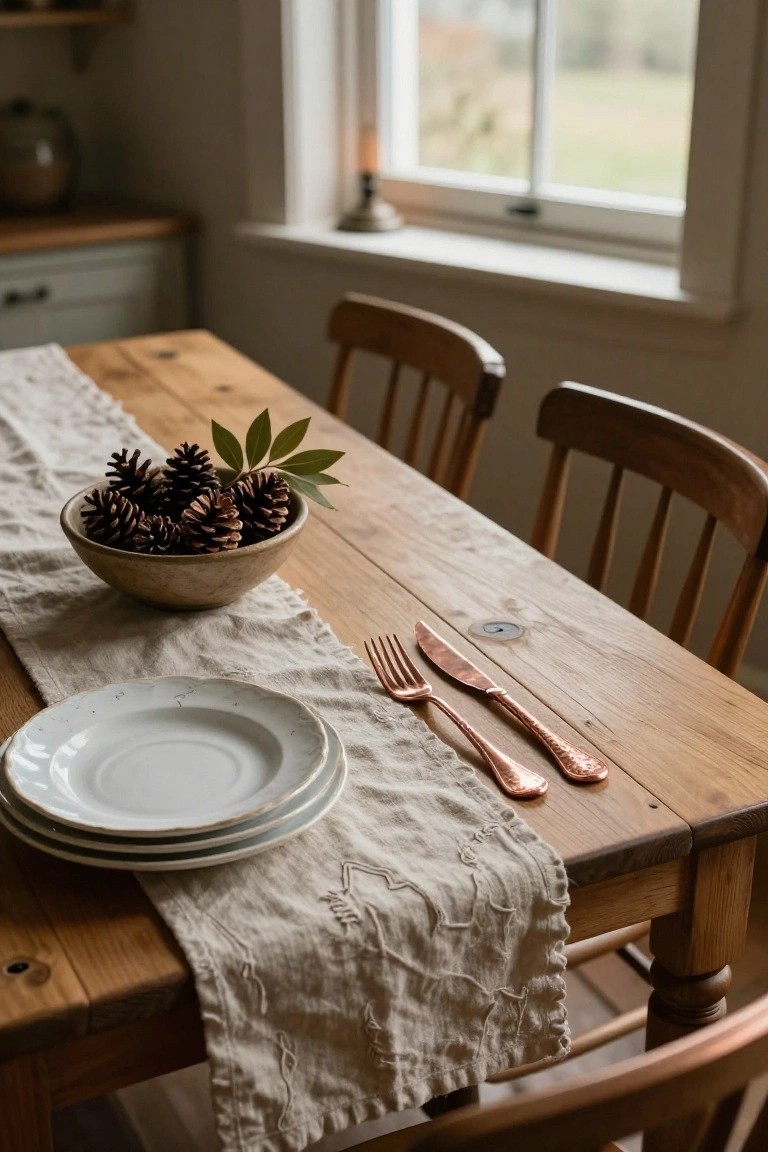 Wooden dining table with beige linen runner, centered bowl of pinecones and green leaves, stacked white plates, copper knife and fork, wooden chairs, and window overlooking fields in a light kitchen.