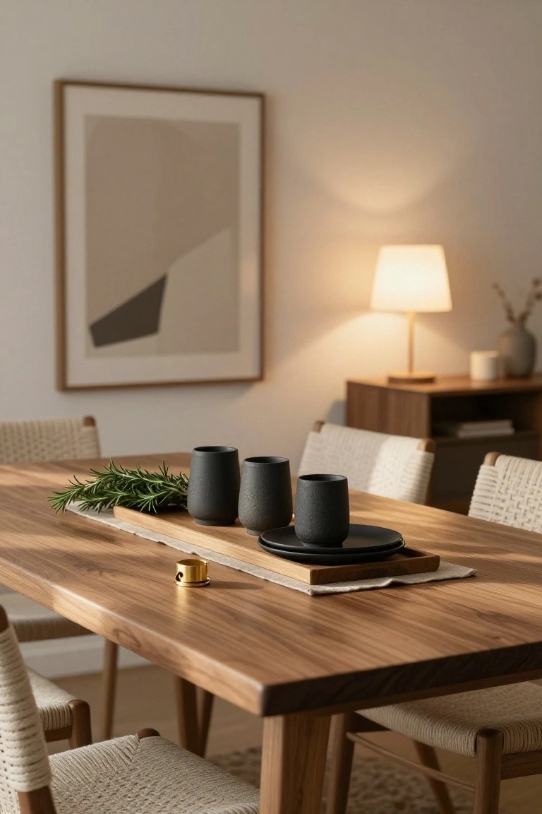 Wooden dining table centered with a tray of rosemary branches, two black ceramic mugs, a black plate and saucer, small gold lid, beige rattan chairs, lamp and artwork in background