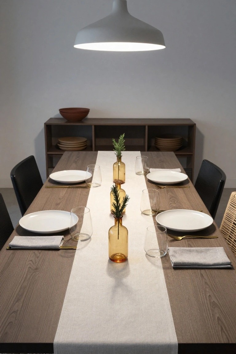 A minimalist dining table with a wooden top, white plates and napkins, clear glasses, gold flatware, a white linen runner down the center, and several amber glass bottles filled with rosemary sprigs as a centerpiece, black chairs at each end, and wooden shelves with dishes in the background.