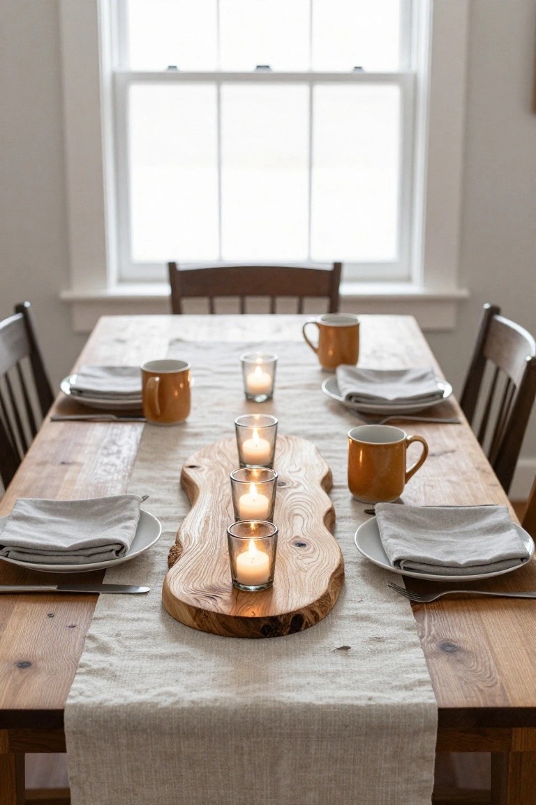 Close-up of a wooden dining table set with a guitar-shaped wooden board in the center holding five glass tea light candles, orange ceramic mugs, white plates with linen napkins, silverware, and a beige linen runner, surrounded by wooden chairs and large windows.