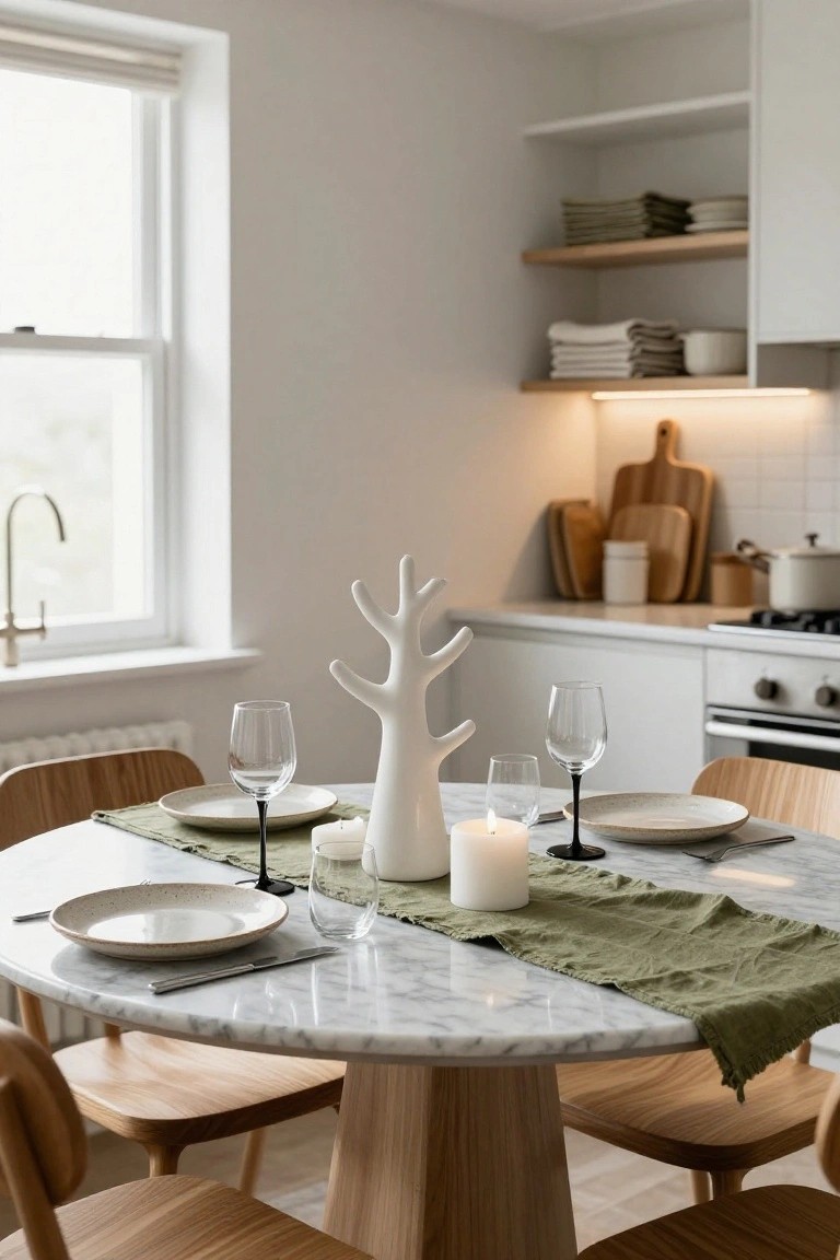 Round white marble dining table in a modern white kitchen, set with white plates, black-stemmed wine glasses held by a white branched ceramic sculpture, green linen runner, white candles, and wooden chairs.