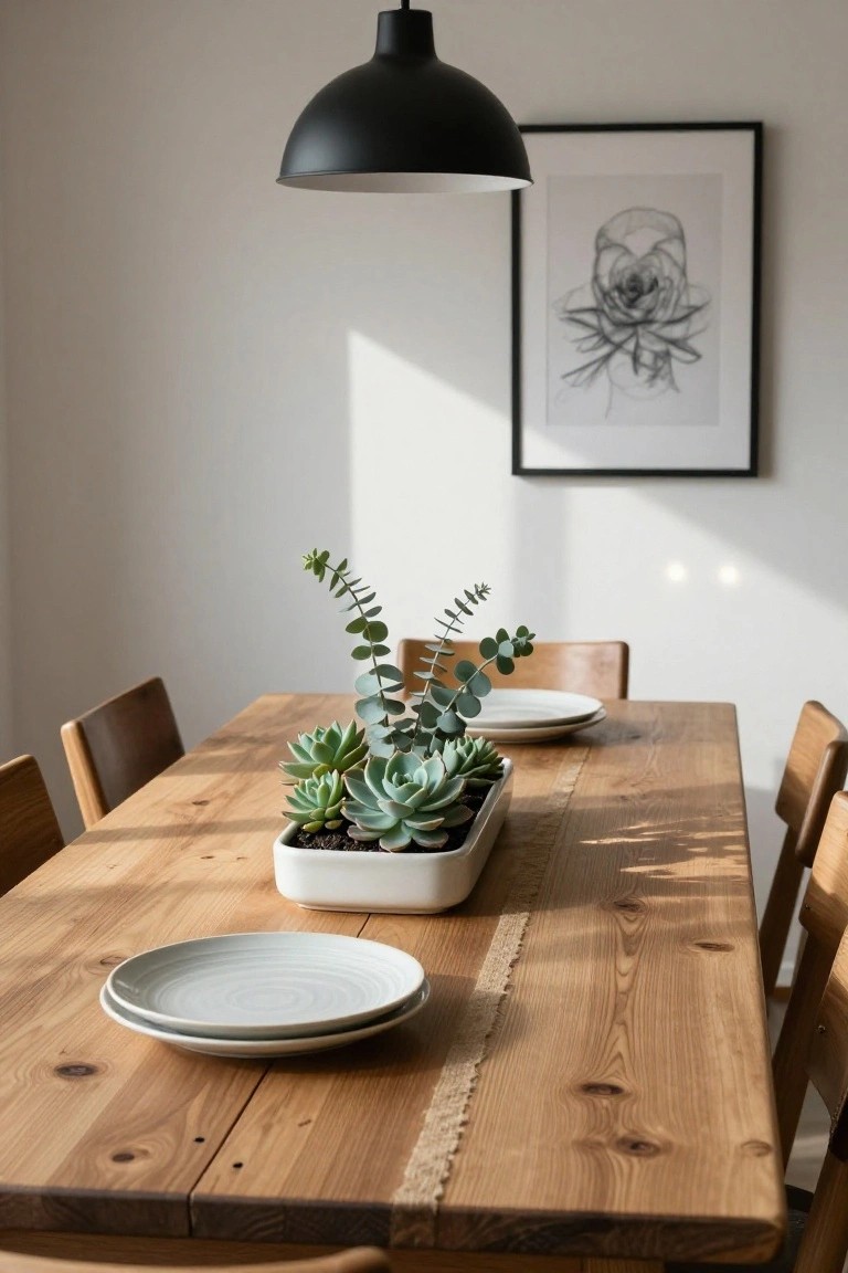 A wooden dining table with succulents, plates, and a black pendant light overhead.