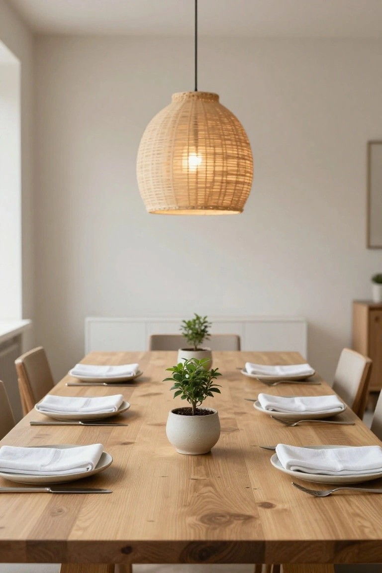 Wooden dining table set with white plates, folded napkins, and silverware at multiple place settings, featuring small potted plants as centerpieces, under a woven pendant light in a minimalist room with beige chairs.