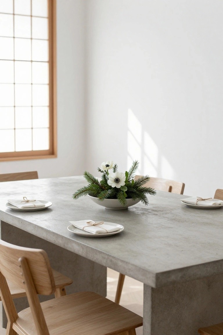 Close-up of a gray concrete dining table with four place settings of white plates and napkins tied with twine, a central white bowl holding white anemone flowers and fir branches, wooden chairs, and a shoji screen window nearby.