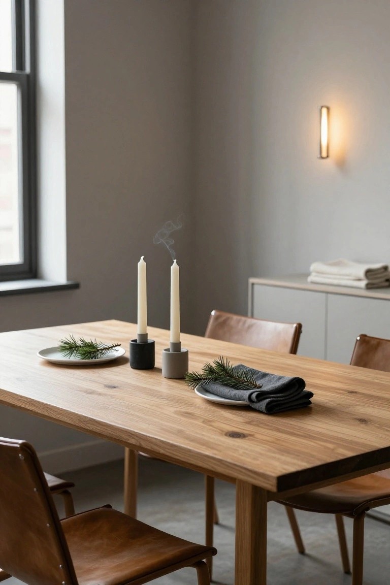 Wooden dining table with two lit white taper candles in gray holders, white plates topped with pine sprigs, gray napkins with pine sprigs, tan leather chairs, gray room with window and wall light.