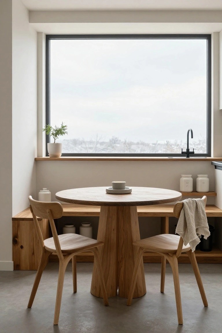 Minimalist kitchen nook featuring a round wooden table with two matching chairs, a bench, large black-framed window overlooking snowy landscape, potted plant on windowsill, white ceramic jars on shelves, and neutral toned interior.