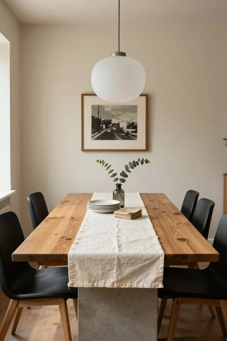 A minimalist dining room featuring a rectangular wooden table with visible knots on a central concrete pedestal base, surrounded by black upholstered chairs, a white linen runner, stacked white plates and folded napkins, a glass vase with eucalyptus, and a white globe pendant light above.