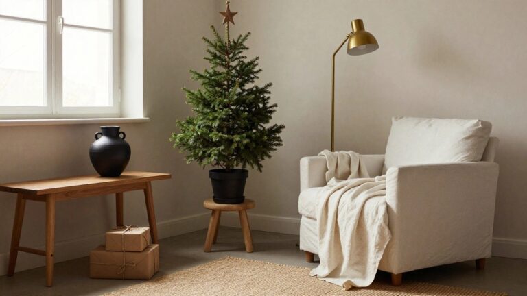 A minimalist Christmas tree stands in a cozy corner, beside a light-colored armchair draped with a blanket, a wooden table, and a black vase.