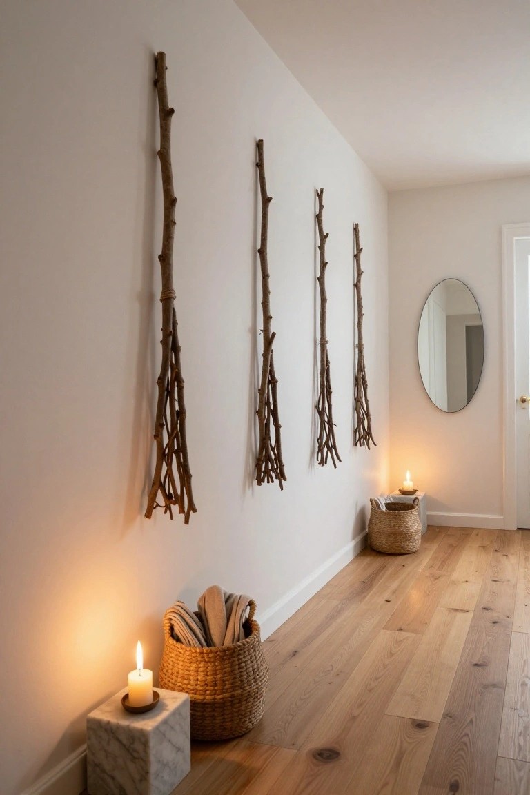 White-walled interior hallway with four vertical bundles of natural branches mounted on the wall, an oval mirror by a door, two lit candles on stands, a wicker basket holding linens, and light oak flooring.