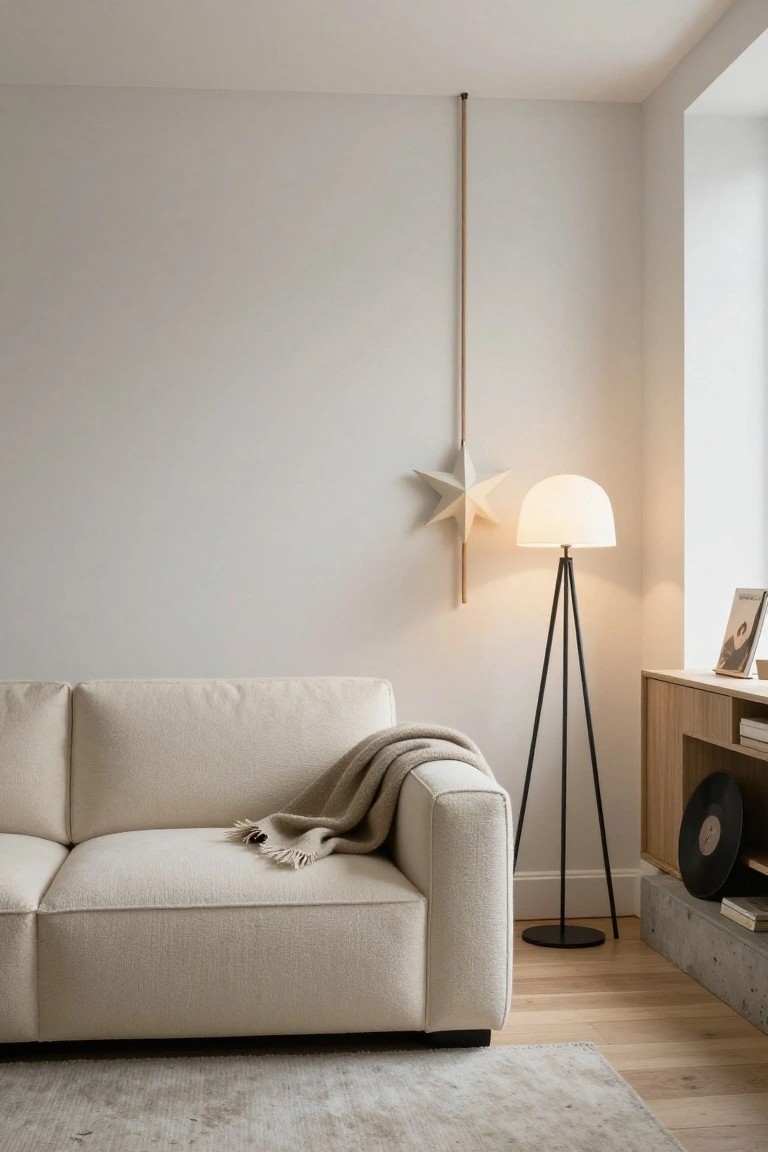 Minimalist living room corner featuring a beige modular sofa with a cream throw blanket, black metal tripod floor lamp with white shade, light wood sideboard holding vinyl records and books, and a large white wooden star ornament suspended from a bamboo pole on a white wall.