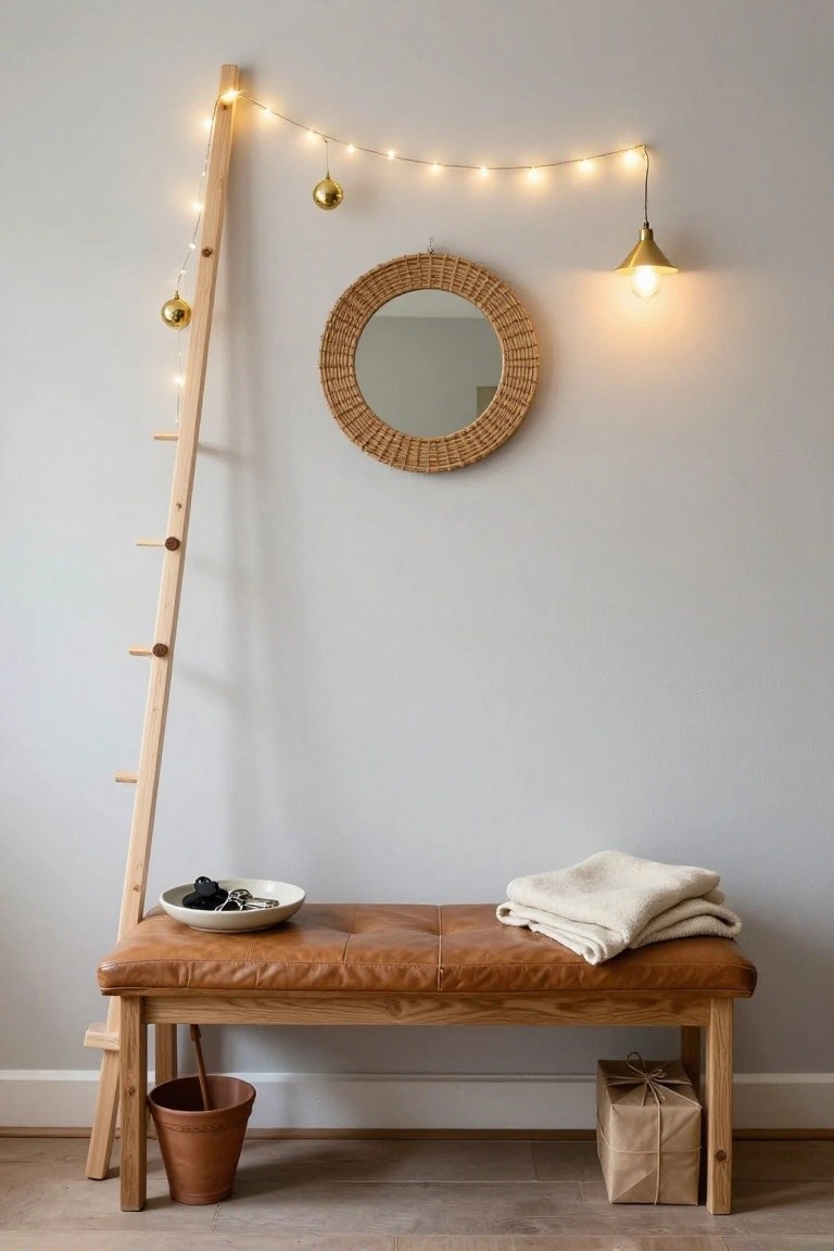 Wooden ladder leaning against a light gray wall in an entryway, decorated with string lights and gold baubles, beside a rattan mirror, tan leather bench with throw, bowl of keys, potted plant, and wrapped gift box.