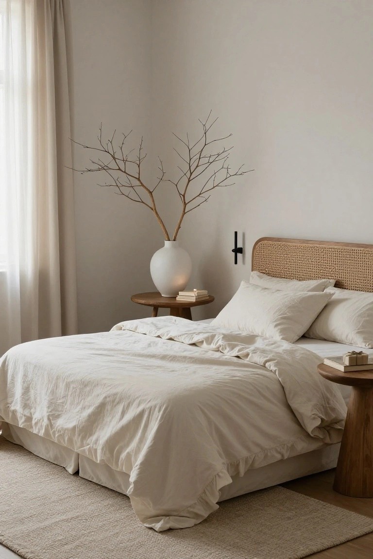 Minimalist bedroom with beige walls, sheer curtains on a window, rattan headboard on a bed with white linen bedding and pillows, wooden nightstands holding books, tall white vase with dry branches, and beige seagrass rug on light wood floor.