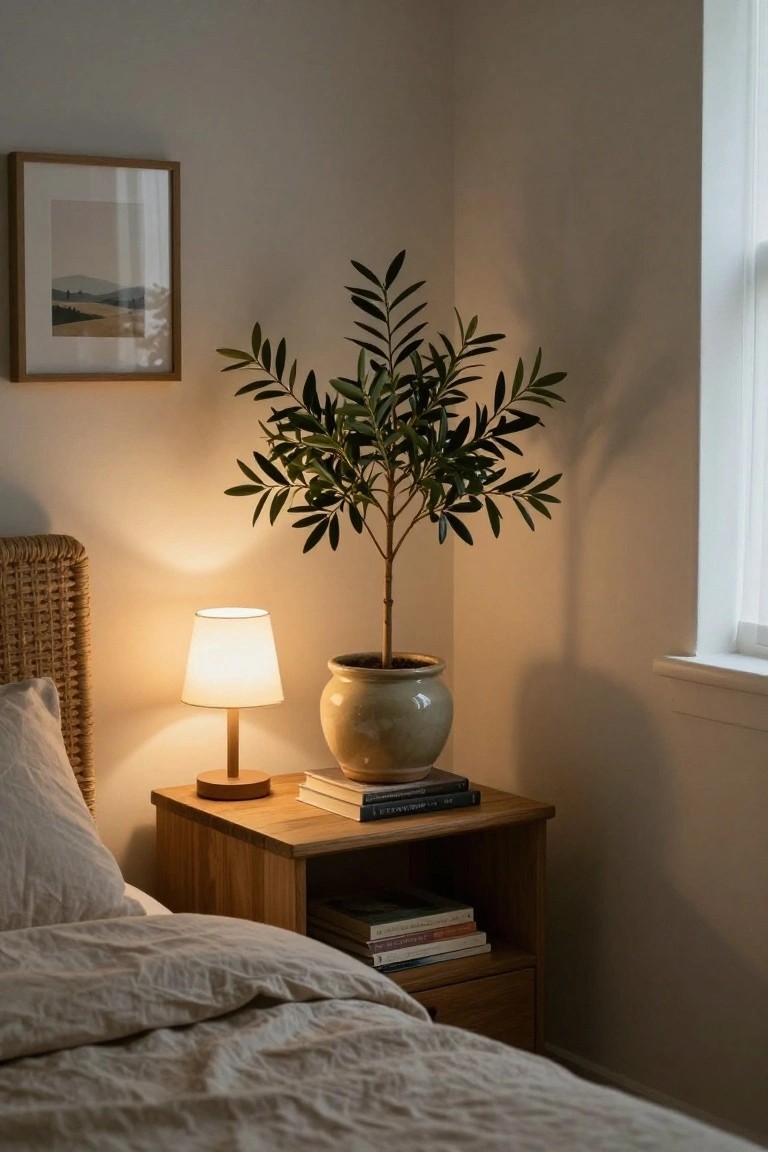 Cozy bedside scene with a lamp, leafy plant, and stacked books in warm tones.