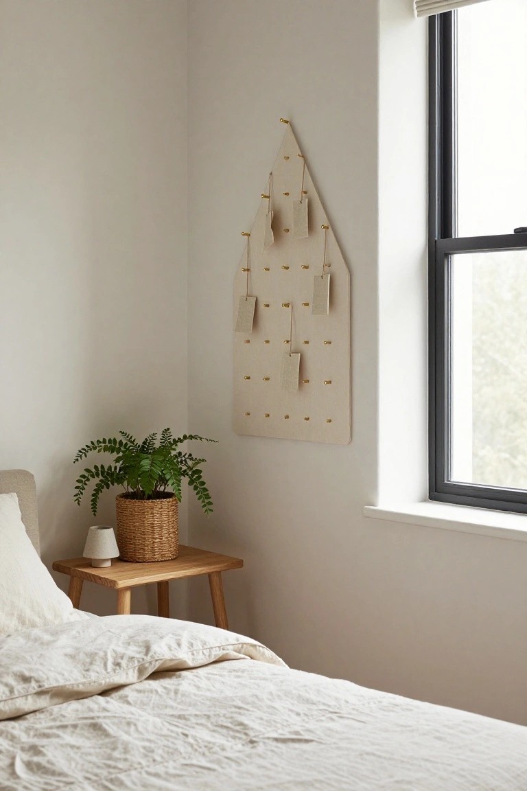 Corner of a light-colored bedroom with a beige triangular pegboard mounted on the wall, featuring gold hooks and hanging white tags, next to a wooden side table holding a potted fern and ceramic lamp, a bed with white linens, and a window with beige blinds.