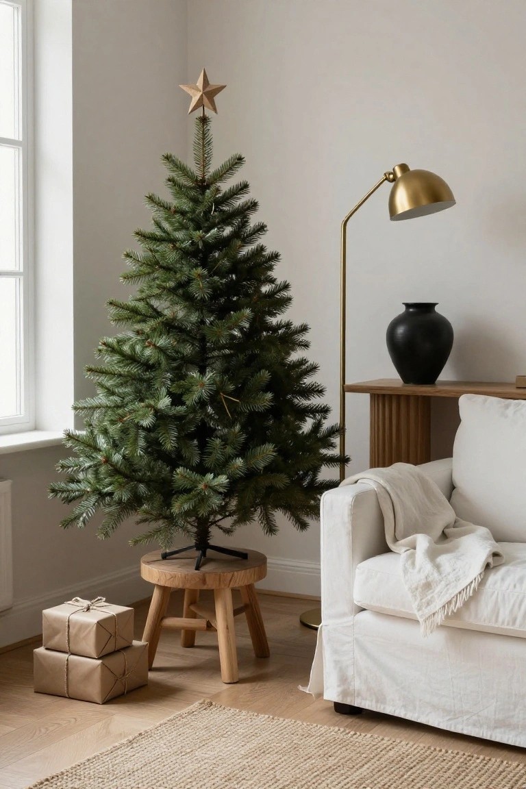 A cozy living room with a decorated Christmas tree, gifts, and a cream couch.