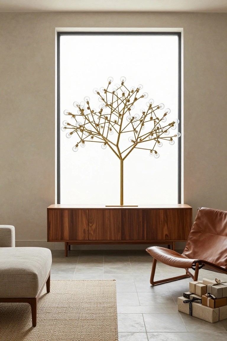 Gold tree-shaped floor lamp with exposed bulbs stands in front of a large window in a beige-walled room, next to a wooden credenza, tan leather sling chair, cream fabric ottoman, seagrass rug, and stacked wrapped gift boxes on tiled floor.