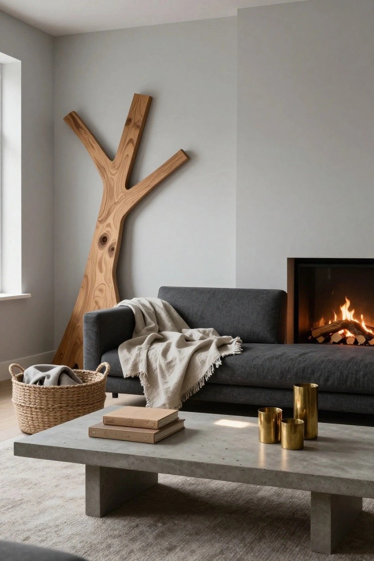 Modern living room interior with gray sofa draped in white throw, concrete coffee table holding books and brass vases, woven basket, fireplace with fire, and tall abstract wooden branch sculpture against light gray wall.