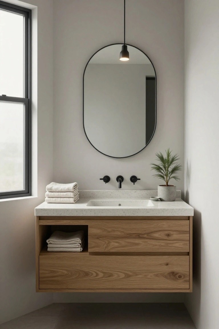 Minimalist bathroom with floating oak wood vanity, white quartz sink, black wall-mounted faucets, oval black-framed mirror, potted palm plant, stacked white towels on shelf and counter, and window with black frame.