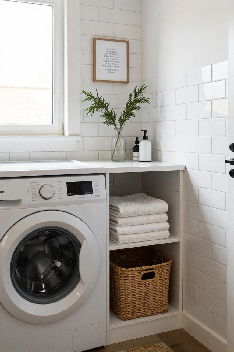 White front-loading washing machine under a built-in white counter with open shelving holding stacked white towels and a wicker basket, in a white subway-tiled laundry room with eucalyptus branches in a glass vase on the counter.