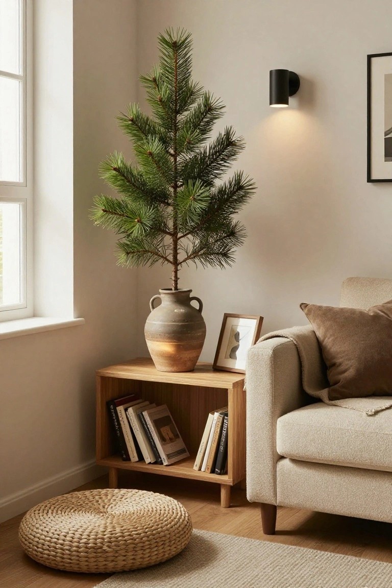 A small potted Christmas tree in a terracotta vase on a wooden side table next to a beige sofa in a light neutral living room corner, with books on shelves, a woven pouf on the floor, and a black wall light.